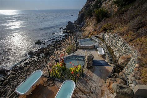 Esalen institute - The hot springs pools, or “baths,” at Esalen Institute hang above the ocean on a cliffside. The upper level is handicap-accessible and has a garden, massage tables, and hot tub. The lower floor hangs just over the sea and has two pools with mineral water fed directly from the hot springs. The temperature in these pools reaches 119°F (48°C). 
